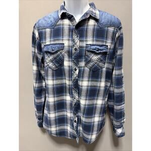 Men's RERUN Blue Plaid Button Down Cowboy Long Sleeve Shirt Size Medium